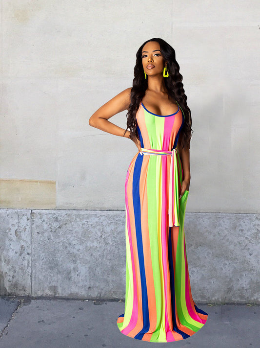 Striped Colorblock Print Sleeveless Spaghetti Strap High Slit Maxi Dress w/ Sash Belt to 3X Plus Size