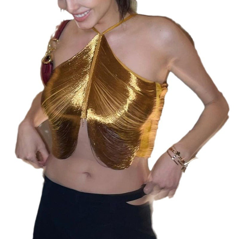 Metallic Women's Tassel Fringe Halter Spaghetti Strap Crop Tank Top