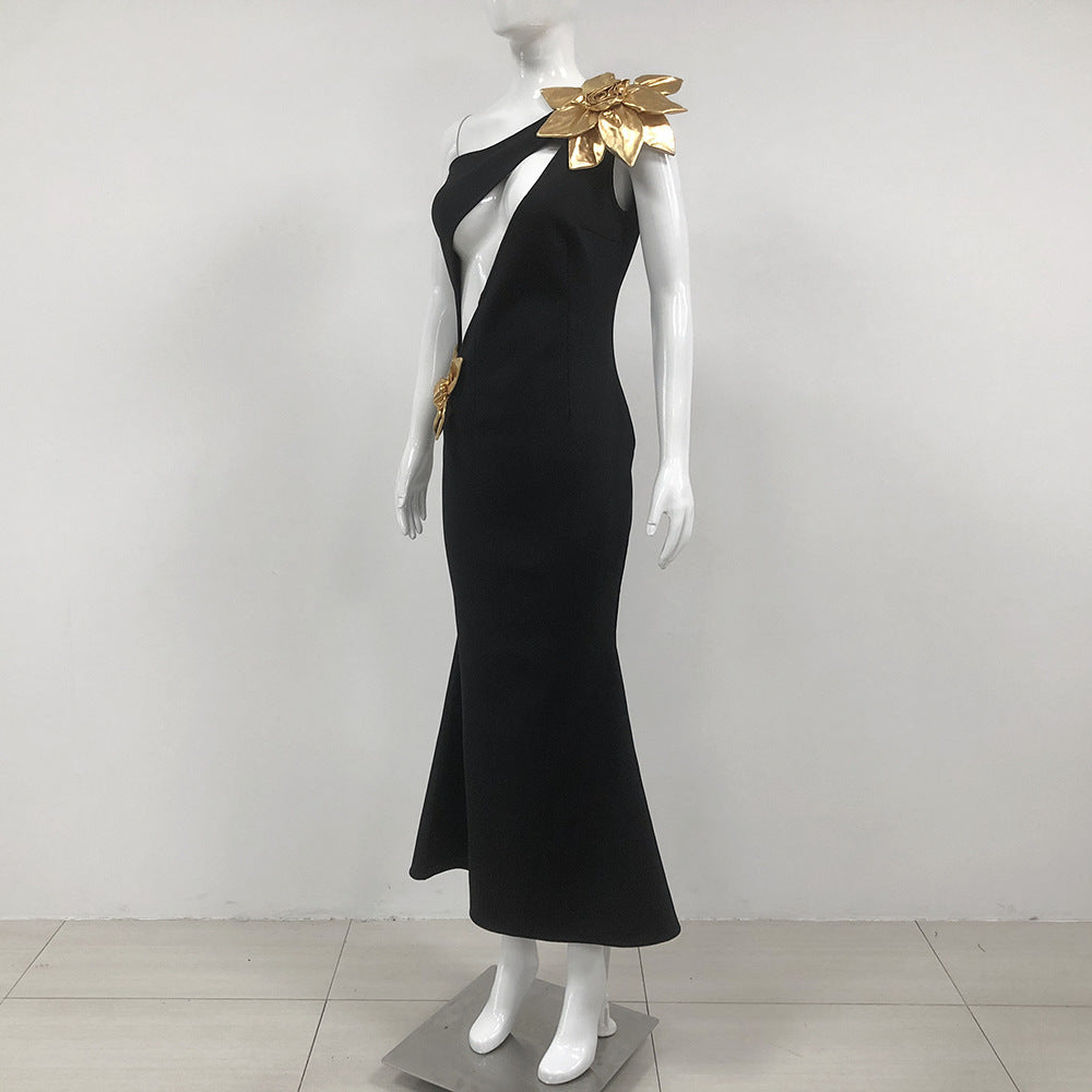 Black One Shoulder Asymmetrical Bandage Gold Flower Detail Sleeveless Formal Maxi Dress