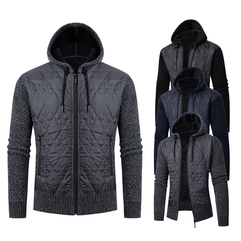 Men's Quilted Solid Color Drawstring Hoodie Sweater Jacket