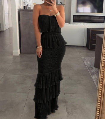 Tiered Sleeveless  Smocked Pleated Ruffled Maxi Tube Top Dress