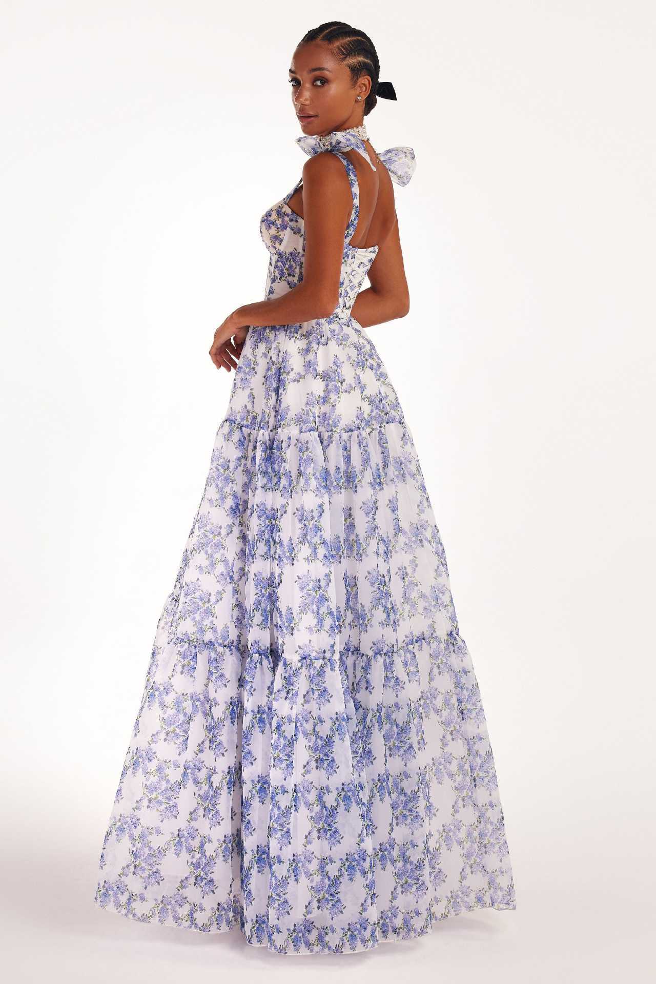 Floral White/Blue Off-the-Shoulder Bowknot Strap Lace-Up Big Swing Organza Maxi Formal Party Dress