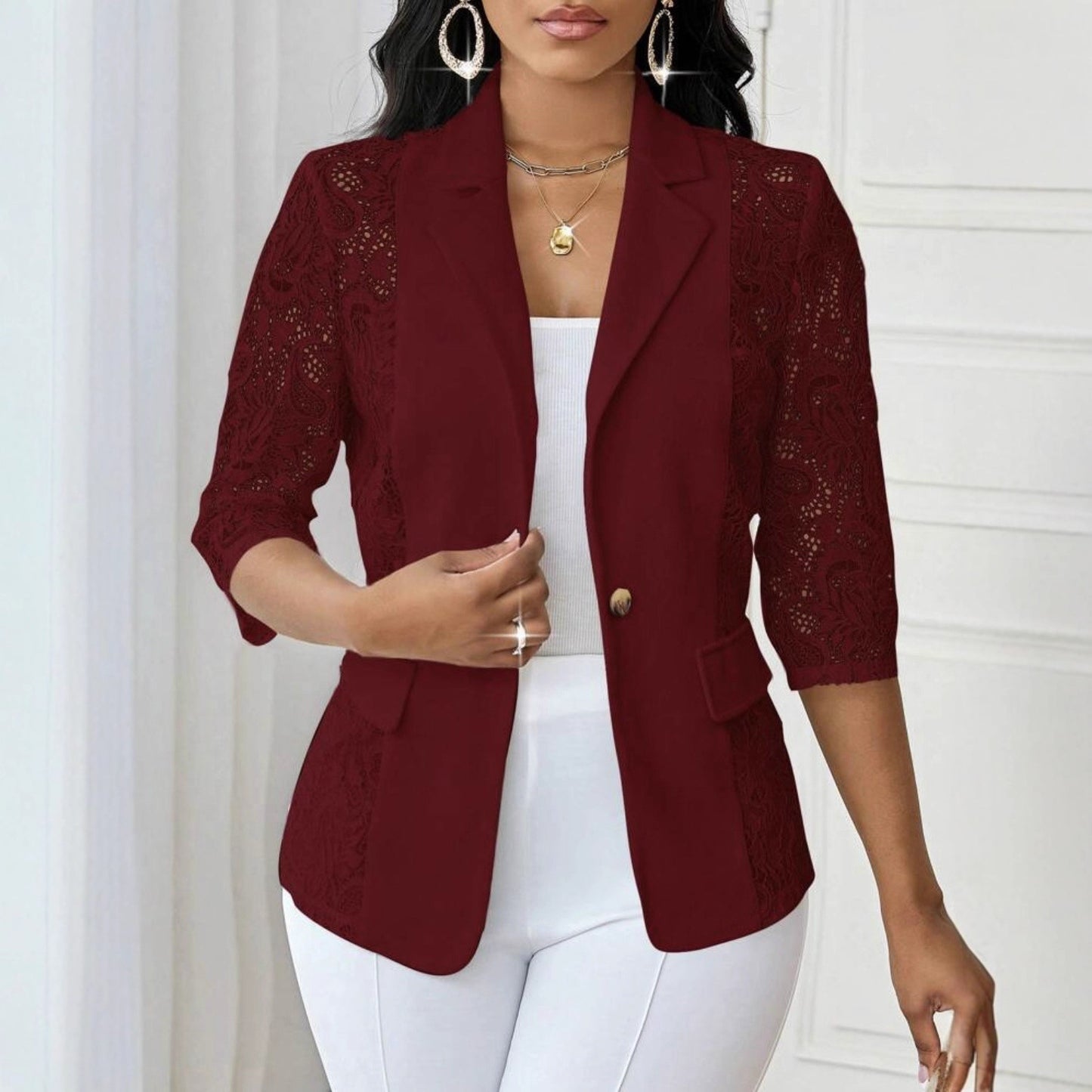 Lace Floral Solid-Color Lace Hollowed-Out 3/4 Sleeve Women's Blazer Jacket