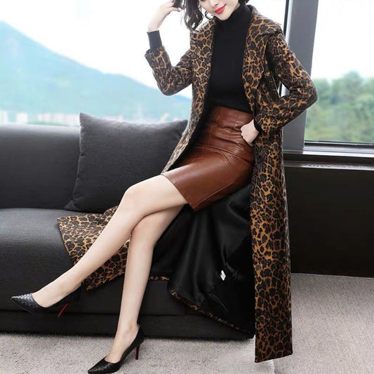 Leopard Print Women's Turn-Down Collar Trenchcoat