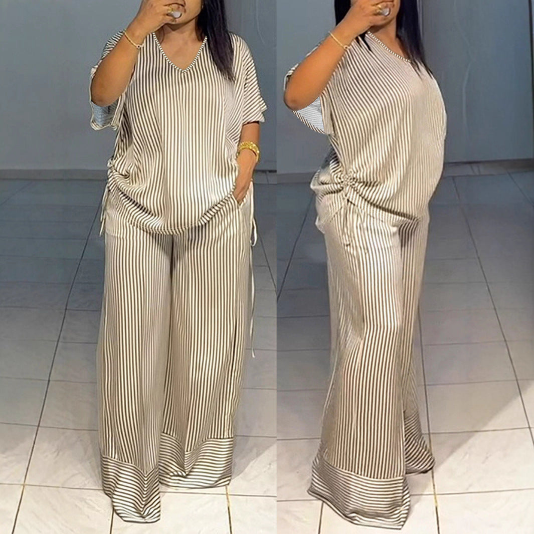 Loose Striped Drawstring V-Neck Short Sleeve Top  & Wide Leg Pants 2-Piece Set to 4X Plus Size