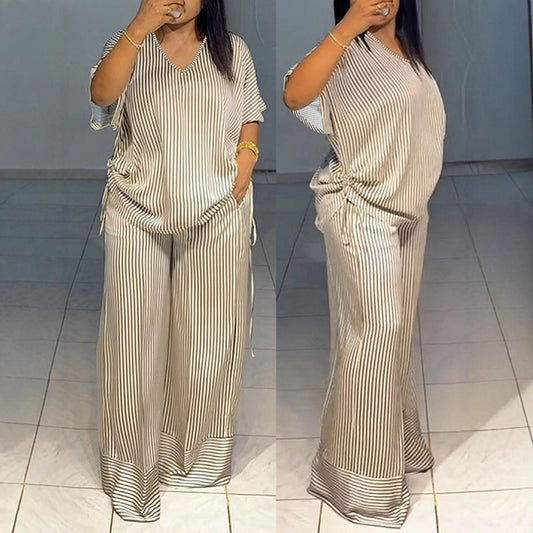 Loose Striped Drawstring V-Neck Short Sleeve Top  & Wide Leg Pants 2-Piece Set to 4X Plus Size