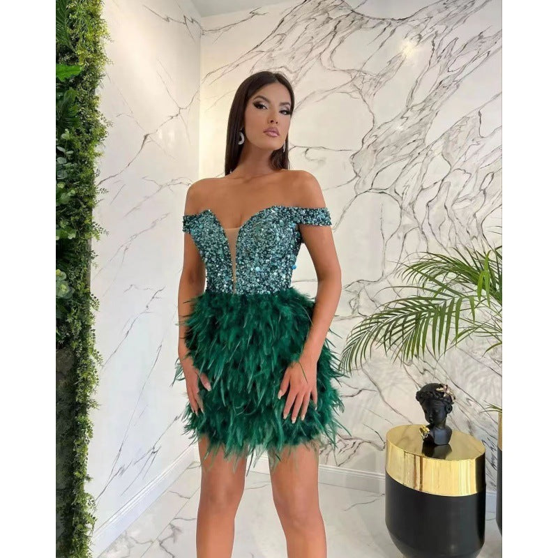Sequined Feather Design V-Neck Off-the-Shoulder Formal Party Dress
