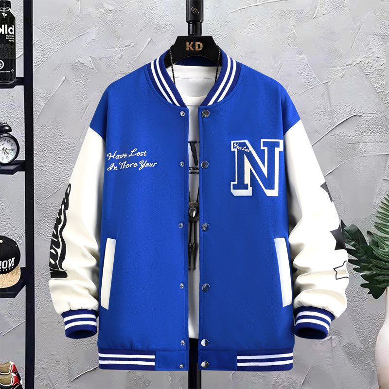 Men's Colorblock Letter Print Loose Button-Up O-Neck Hip-Hop Baseball Varsity Bomber Letterman's Jacket