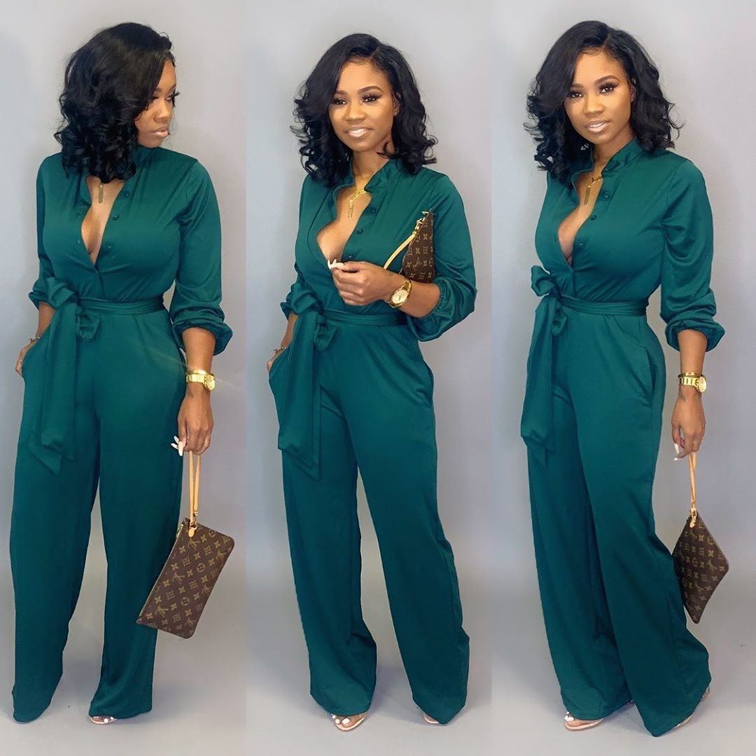 Button-Up Turn-Down Collar Women's Long Sleeve Solid Color Jumpsuit