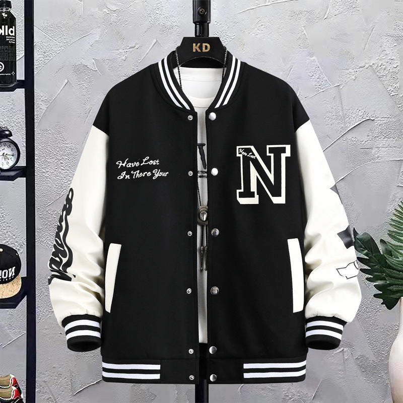 Men's Colorblock Letter Print Loose Button-Up O-Neck Hip-Hop Baseball Varsity Bomber Letterman's Jacket
