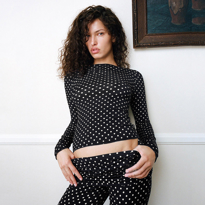 Black/White Long Sleeve Off-the-Shoulder Polka Dot Women's Shirt + Bootcut Leggings 2-Piece Set