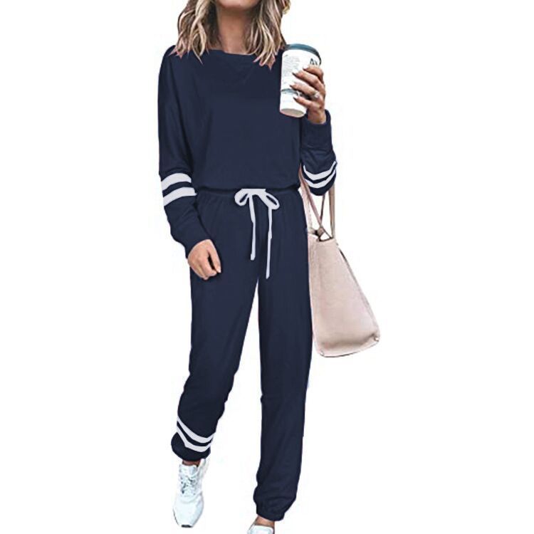 Side Striped Long Sleeve Women's Sport Top + Drawstring Sweatpants Tracksuit to 3X Plus Size