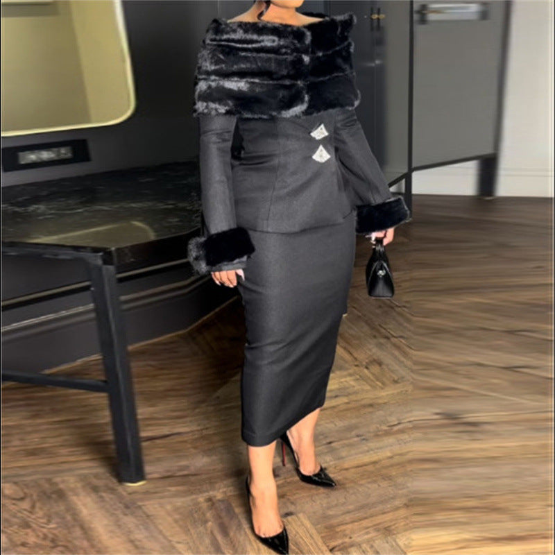 Designer Black Oversized Faux Fur Collar Long Sleeve Off-the-Shoulder Formal Suit Dress