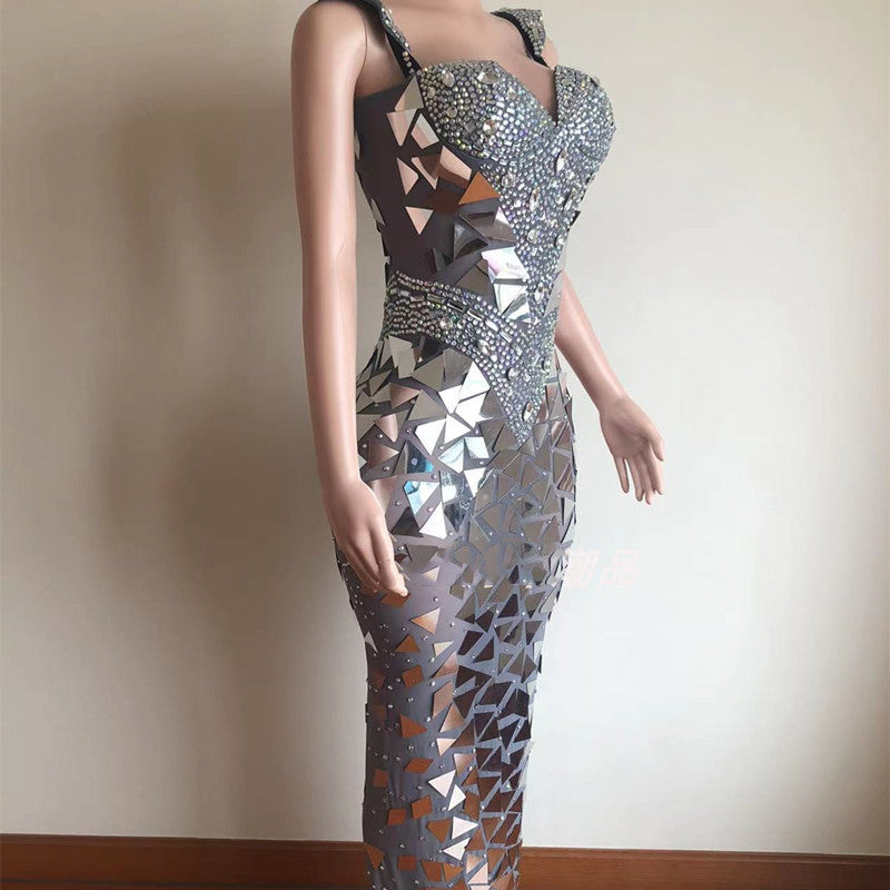 Silver Sparkling Sequin Rhinestone Geometric Mirror Effect Zipper Back Formal Maxi Party/Prom Dress