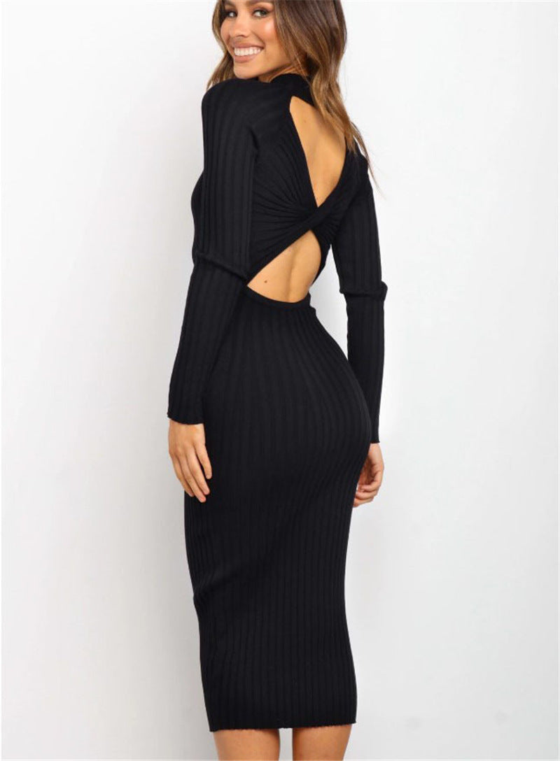 Ribbed Mock Neck Long Sleeve Solid Color Hollow-Out Back Skinny Sweater Dress