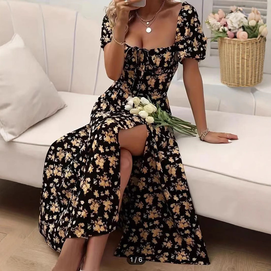 Floral Print Bohemian Short Sleeve High Side Slit Lace-Up Beach Maxi Dress