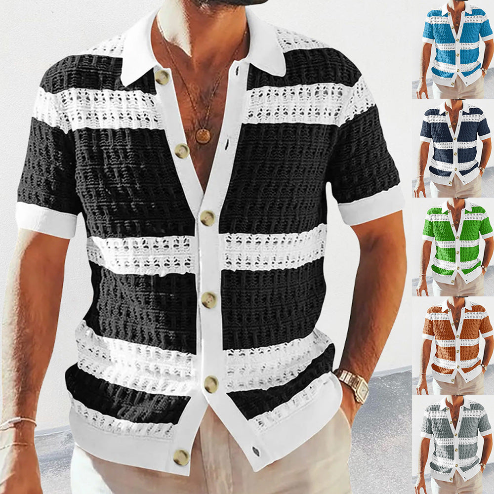 Men's English Knitted Crochet Striped Button-Up Short Sleeve Beach Polo Shirt