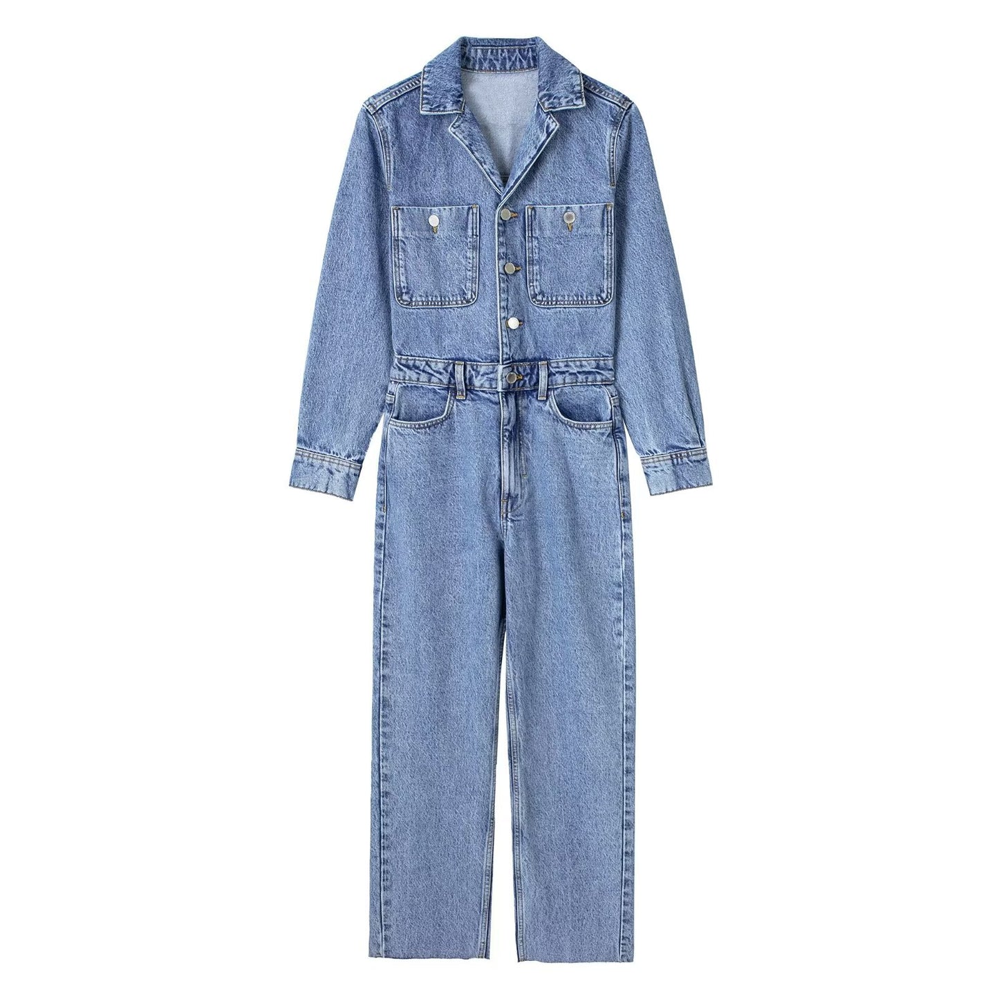 Denim Faded Blue Turn-Down Collar Button-Up Long Sleeve Straight Leg Jeans Jumpsuit