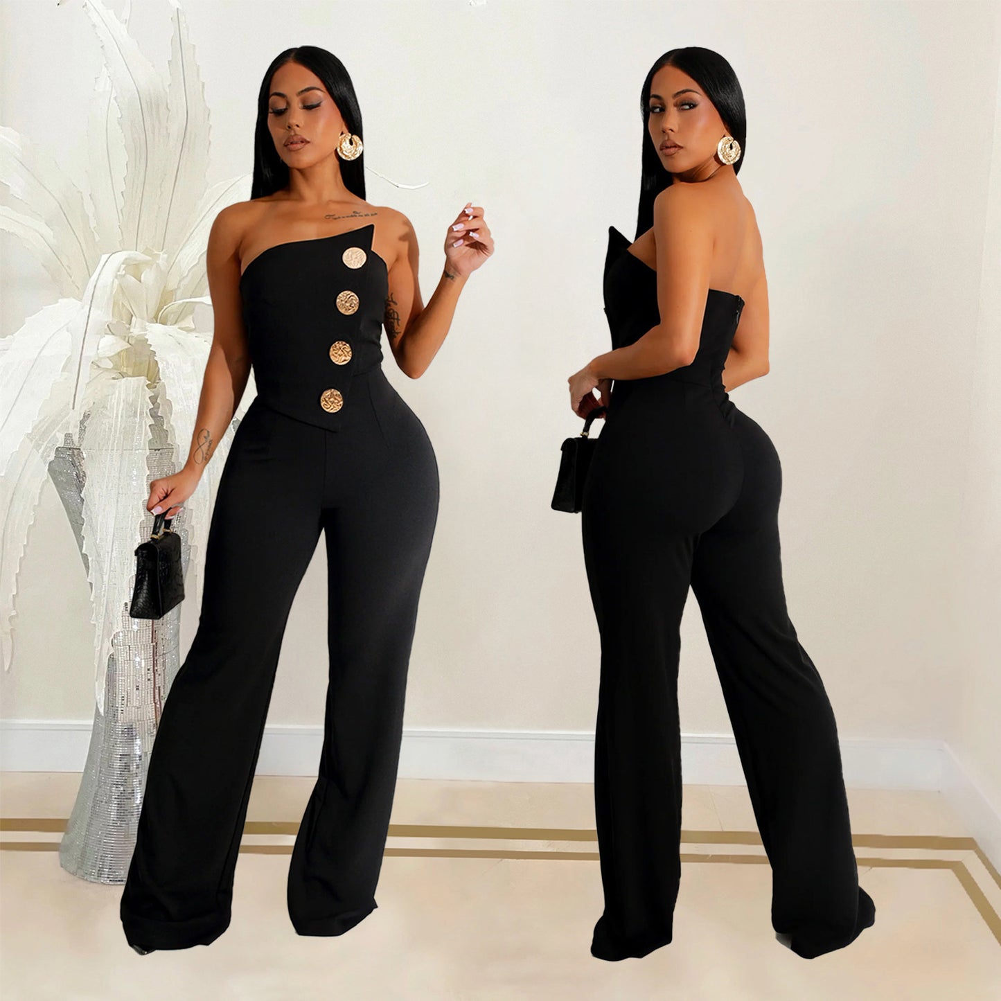 Sleeveless Big Button Detail Solid Color Women's Tube Top Jumpsuit