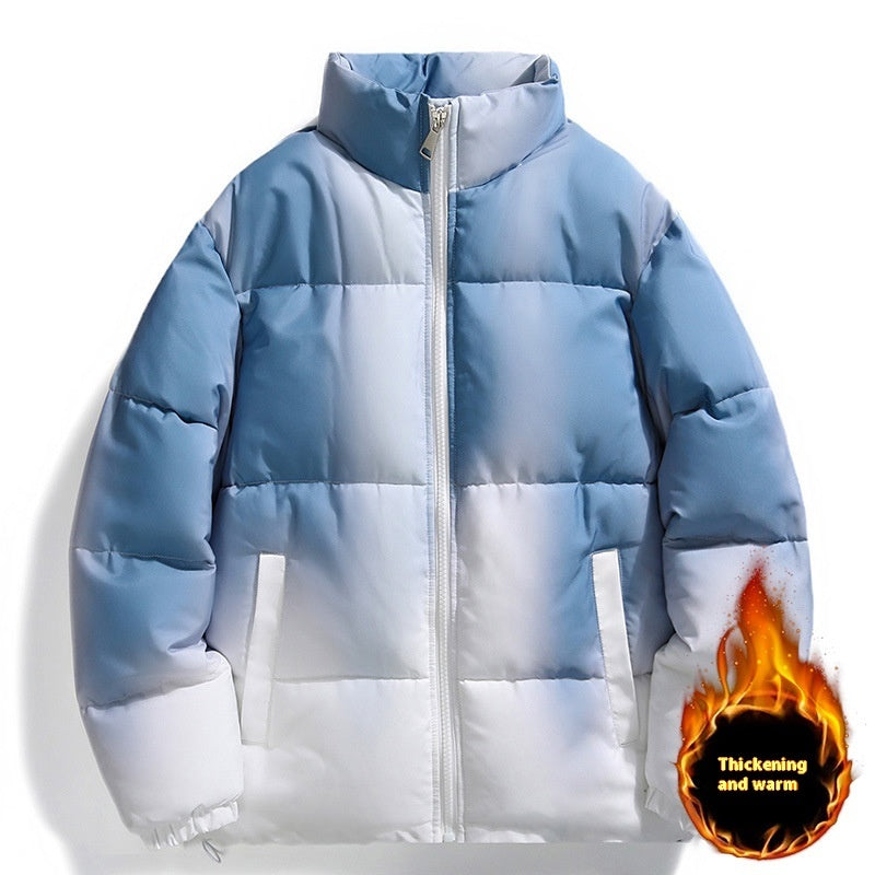 Men's Gradient Colorblock Hip-Hop Stand Collar Plush Thick Down Puffer Jacket w/ Pockets