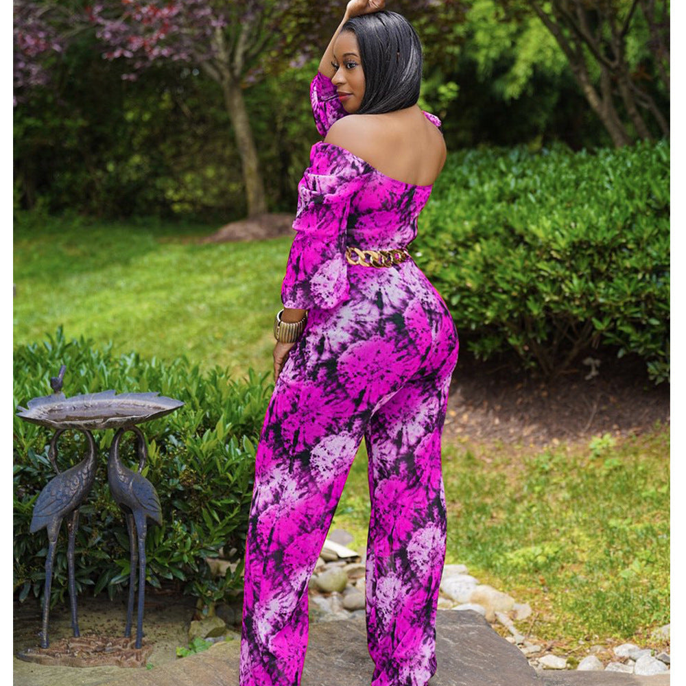 Floral Print Puff Sleeve Off-the-Shoulder V-Neck Long Sleeve Jumpsuit