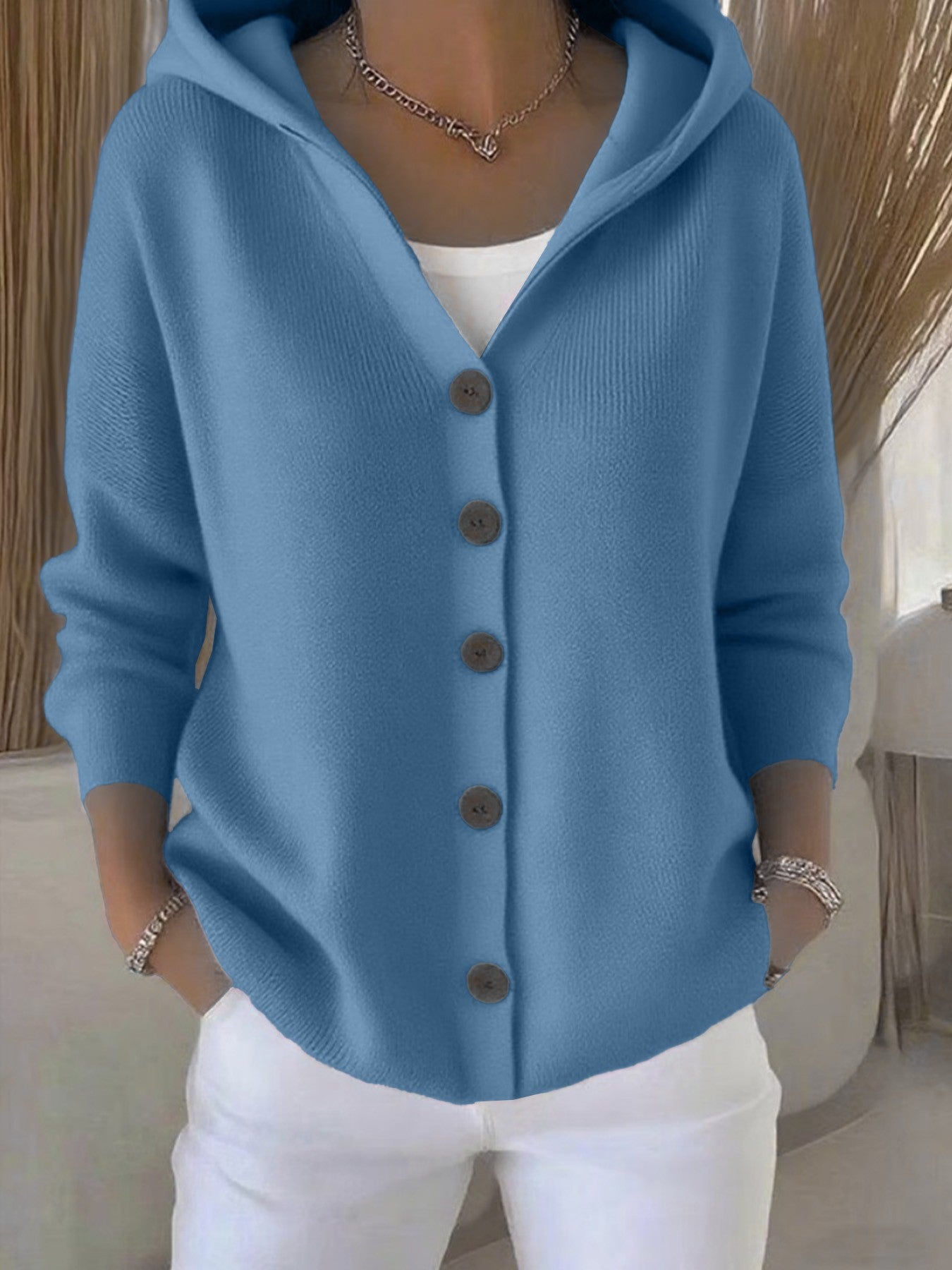 Button-Up Solid Color Knitted Women's Hoodie Cardigan Sweater to 5X Plus Size