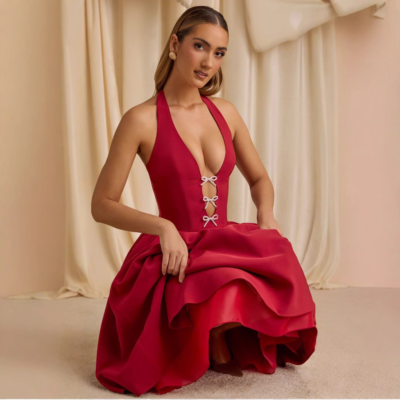 Bowtie Lace-Up Design Sleeveless Halter Deep V-Neck Backless Flared Party Dress