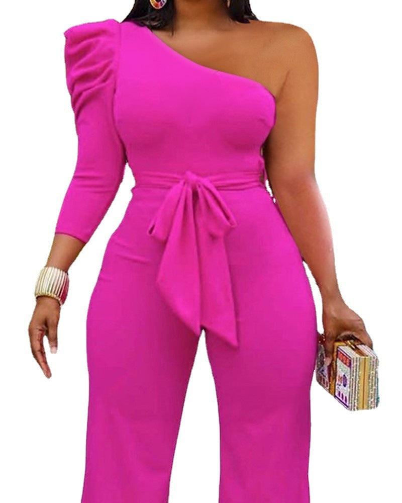 Asymmetrical One Puff Sleeve Solid Color Wide Leg Sash Belted Formal Jumpsuit to 3X Plus Size