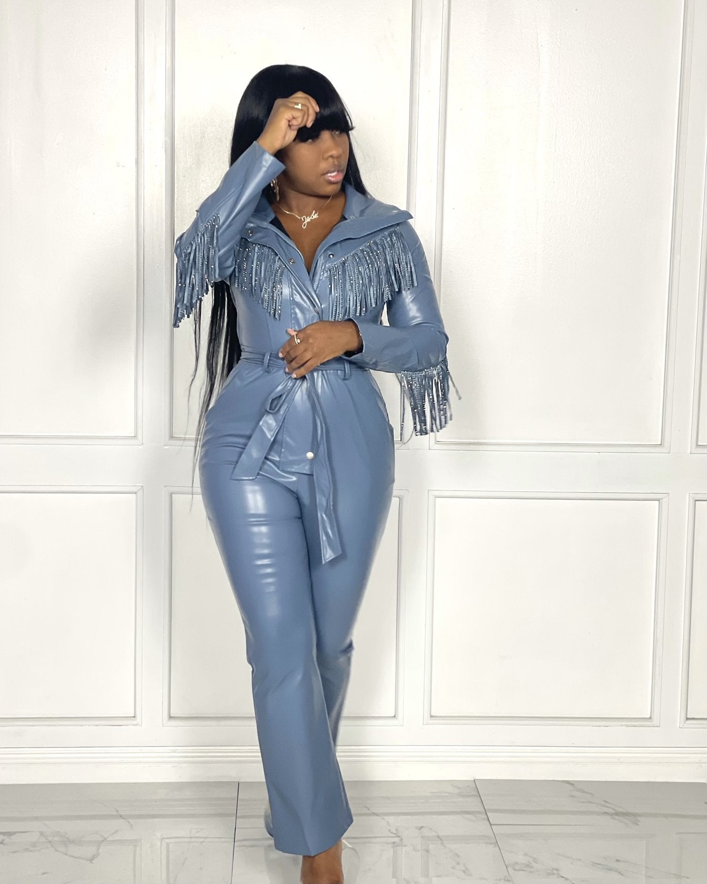 Fringe Tassel Skinny Western Faux Leather Long Sleeve Jumpsuit to 5X Plus Size