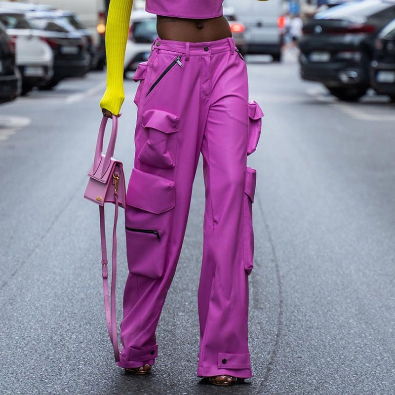 Hot Pink PU Leather Women's Multi-Pocketed Hip-Hop Streetwear Cargo Pants