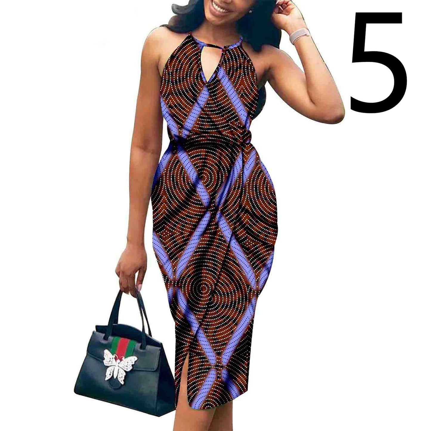 African Print Batik Cotton Sleeveless V-Neck Halter Strap Formal Party Dress to 3X Plus Size