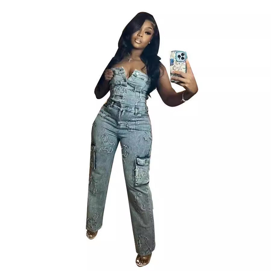 Denim Sky Blue  Stonewashed Faded V-Slit Sleeveless Embroidered Tube Top Women's Cargo Pocketed Jeans Jumpsuit
