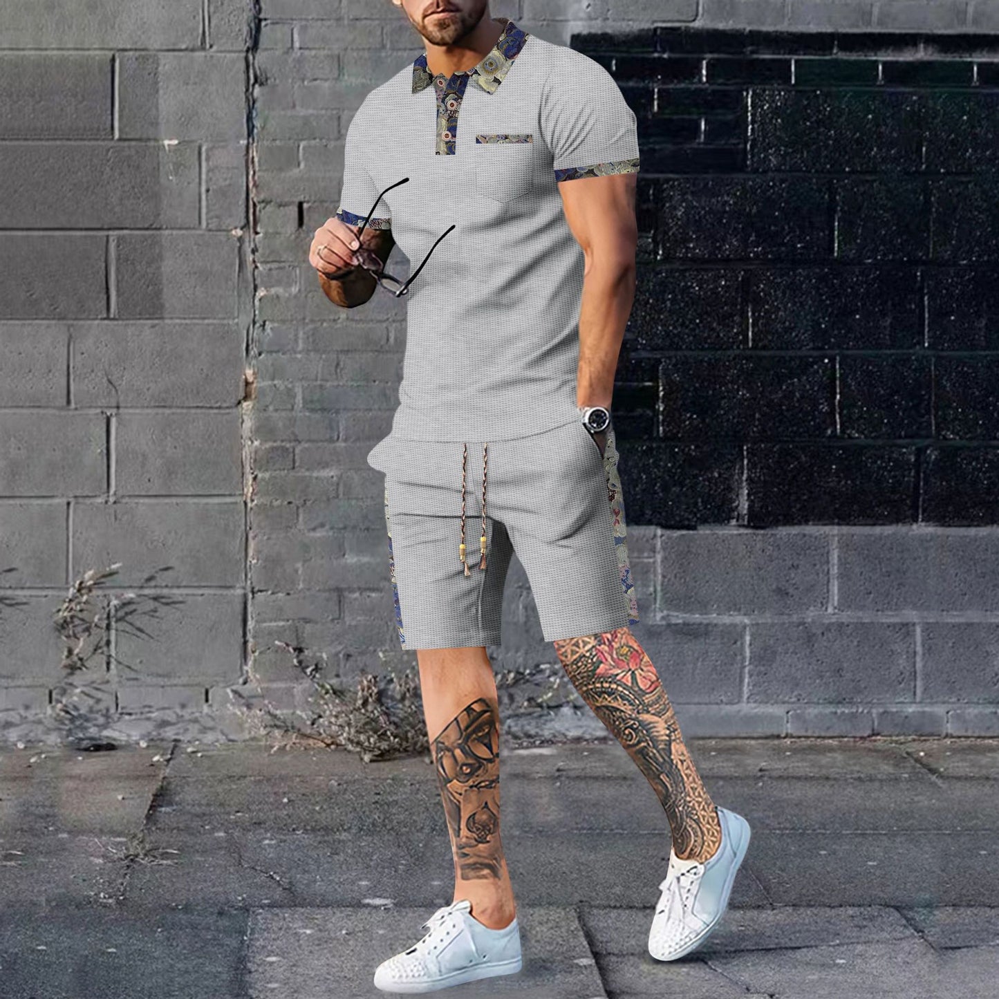Men's Waffle Pattern Polo Shirt + Drawstring Shorts 2-Piece Set