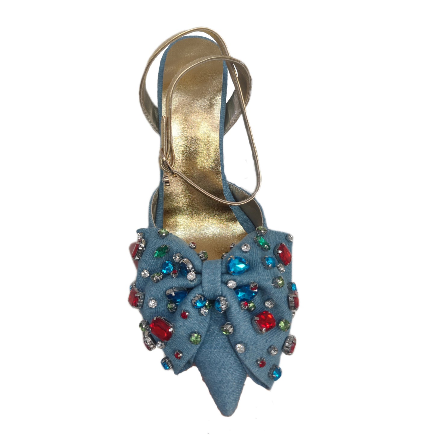 Denim Bow Rainbow Rhinestone Decor Women's Pointed Toe Closed Toe High Heel Slingback Mule Pumps