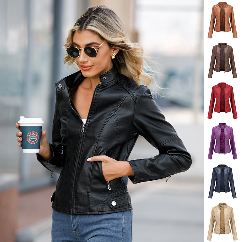 PU Leather Solid Color Stand Collar Women's Zipper Biker Jacket