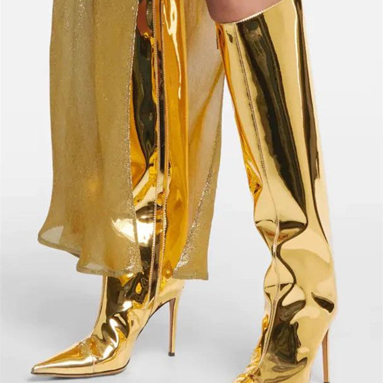 Shiny Patent Leather Metallic Women's High Heel Pointed Toe Knee-High Boots