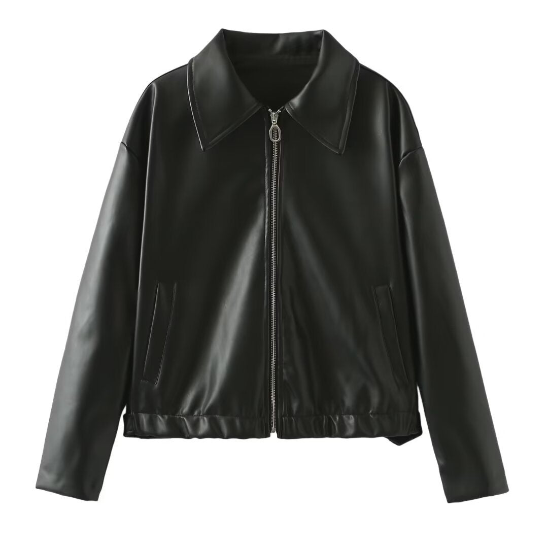 PU Leather Women's Solid Color Turn-Down Collar Long Sleeve Zipper Jacket
