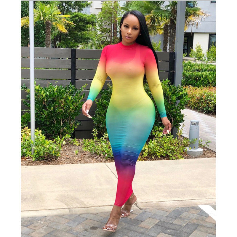 Rainbow Pastel Gradient Colorblock Print Sheer Transparent Long Sleeve Maxi Dress