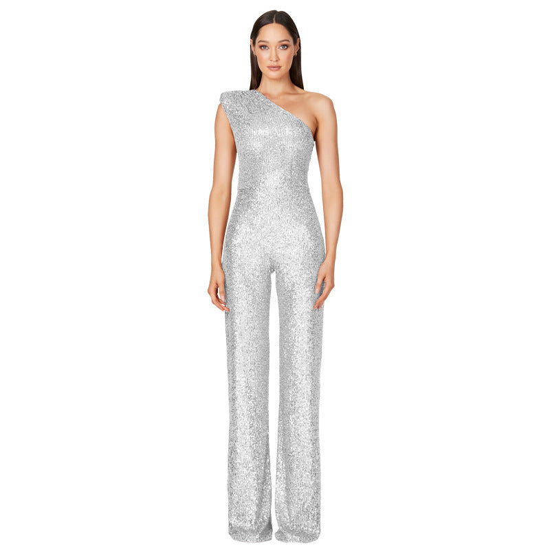 Sequin Sleeveless Sparkling Glitter Asymmetrical One Shoulder Women's Jumpsuit