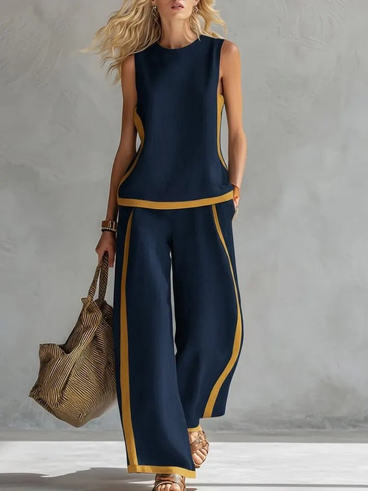 Side Striped Sleeveless Women's Top + High Waist Loose Wide Leg Pants 2-Piece Set to 3X Plus Size