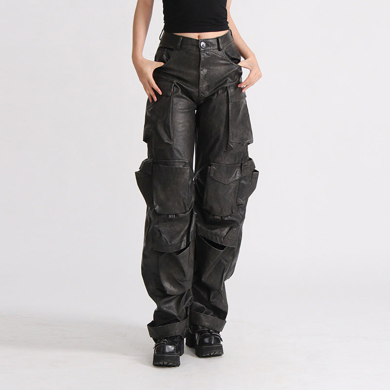 Dark Grey PU Leather High Waist Streetwear Hip-Hop Women's Cargo Multi-Pocketed Wide Leg Solid Color Pants