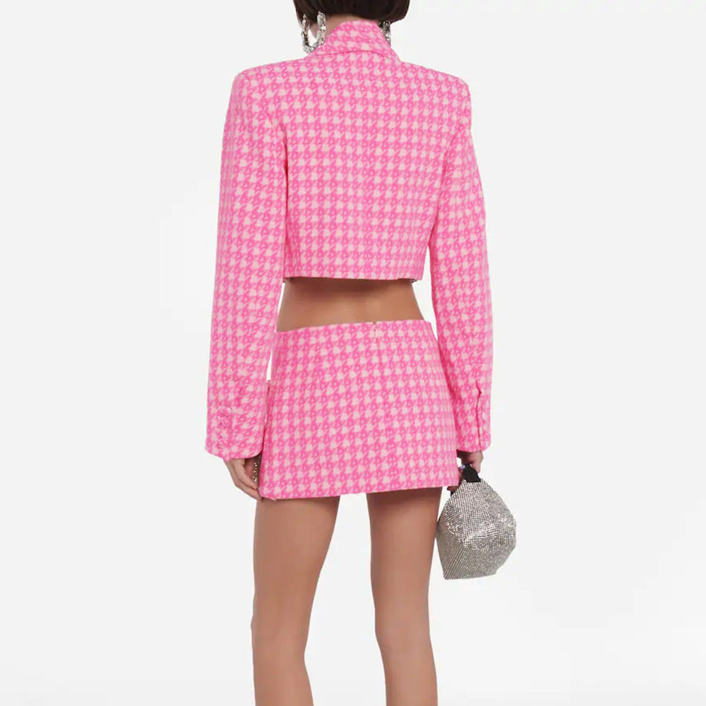 Pink Houndstooth Plaid Rhinestone Silver Metallic Bow Design Cropped Blazer + Mini Skirt Women's Suit