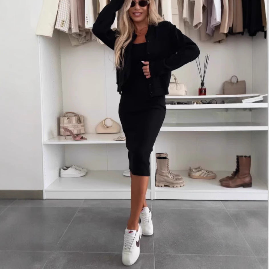 Solid Color Women's Button-Up Bomber Jacket + Sling Dress Dress 2-Piece Set to 3X Plus Size