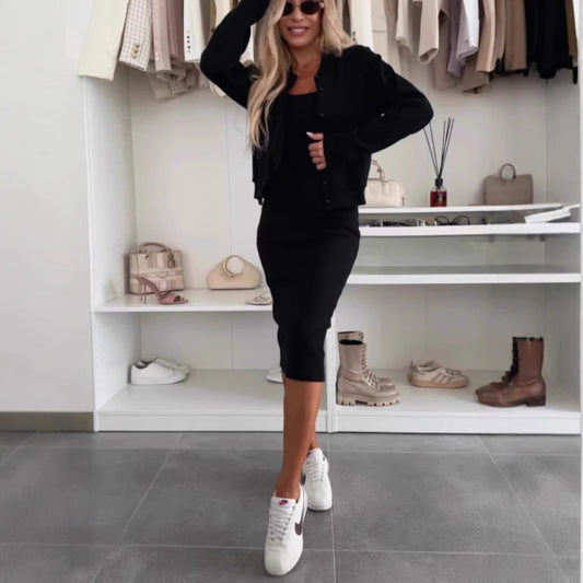 Solid Color Women's Button-Up Bomber Jacket + Sling Dress Dress 2-Piece Set to 3X Plus Size