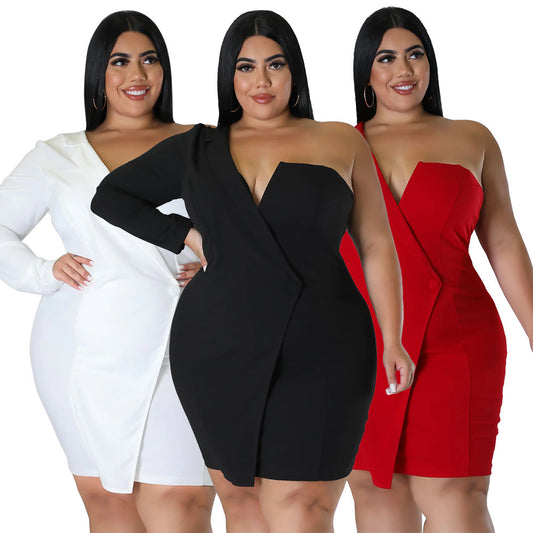 One Sleeve Asymmetrical Solid Color Mini Club/Party Formal Wrap Dress to 5X Plus Size
