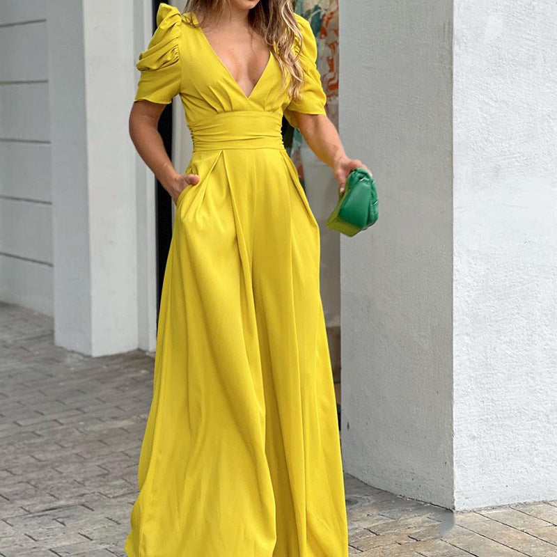 Short Balloon Sleeve Cinched Waist Deep V-Neck Wide Leg Solid Color Jumpsuit to 3X Plus Size