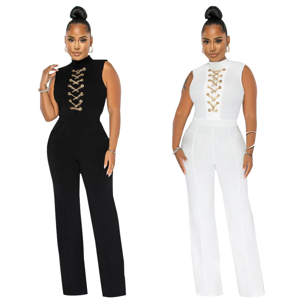 CrissCross Women's Solid Color Sleeveless Stand Collar Round Neck Jumpsuit