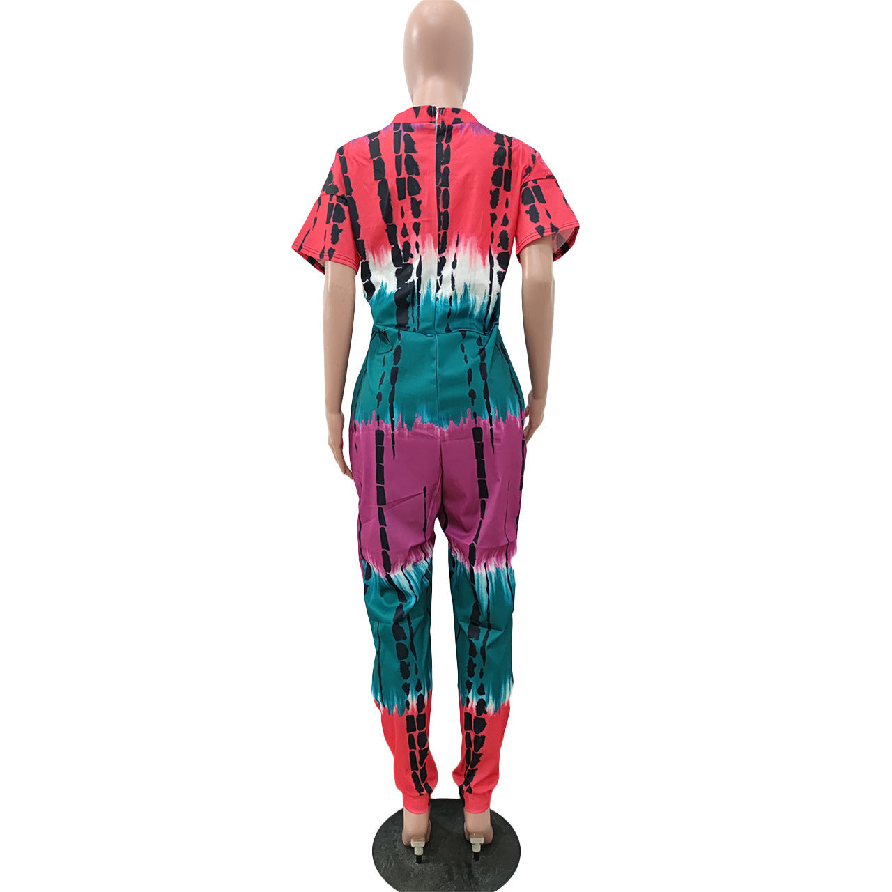 Tie-Dye Colorblock Print Women's Short Sleeve Loose Jumpsuit