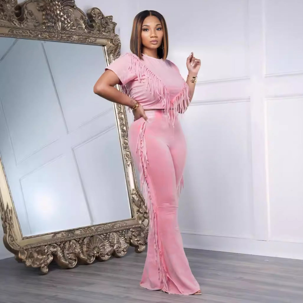 Tassel Fringe Design Short Sleeve Women's Crop Top + Wide Leg Pants Suit 2-Piece Set