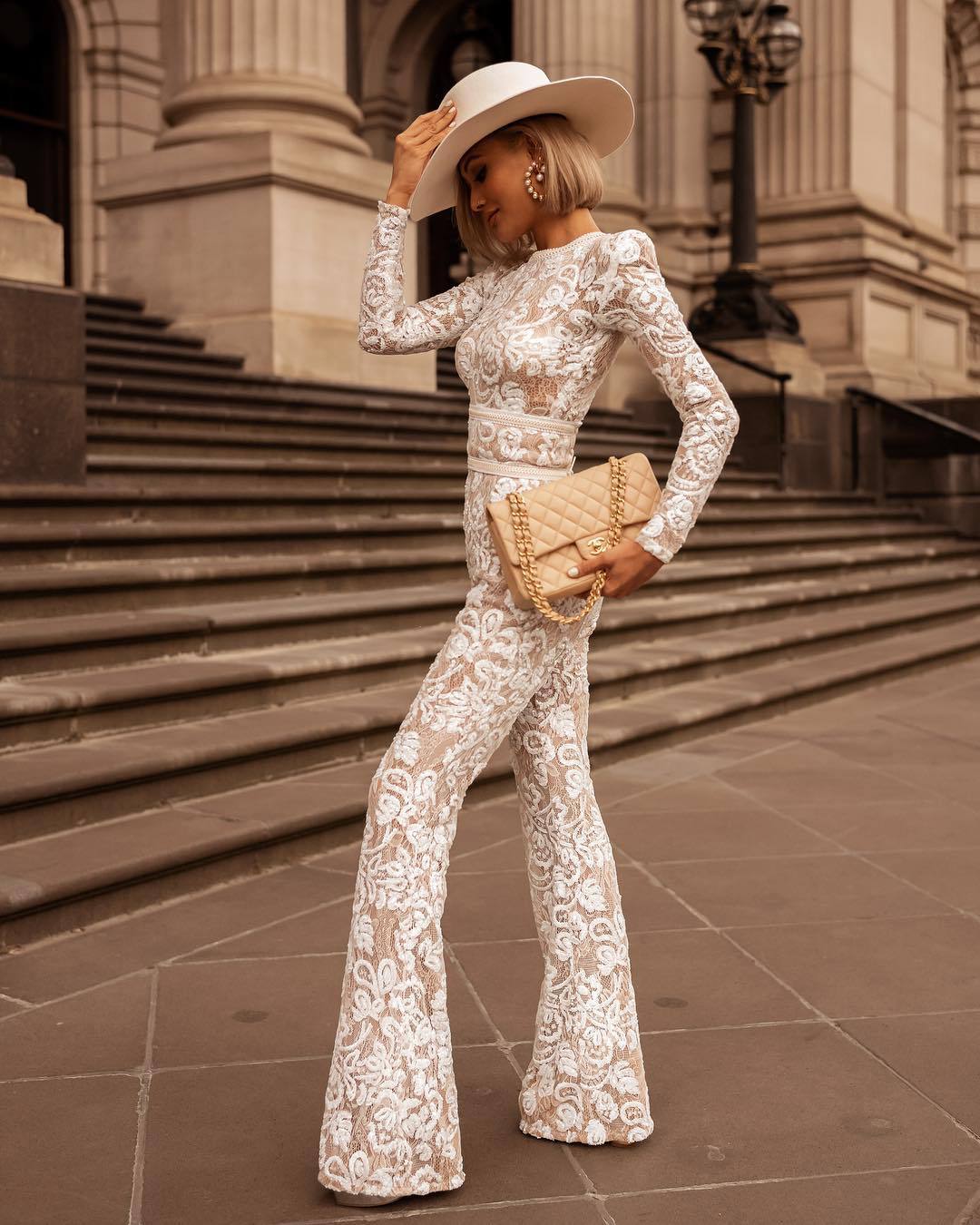 Lace Transparent Long Sleeve Skinny Fit Women's Flared Leg Formal Party Jumpsuit